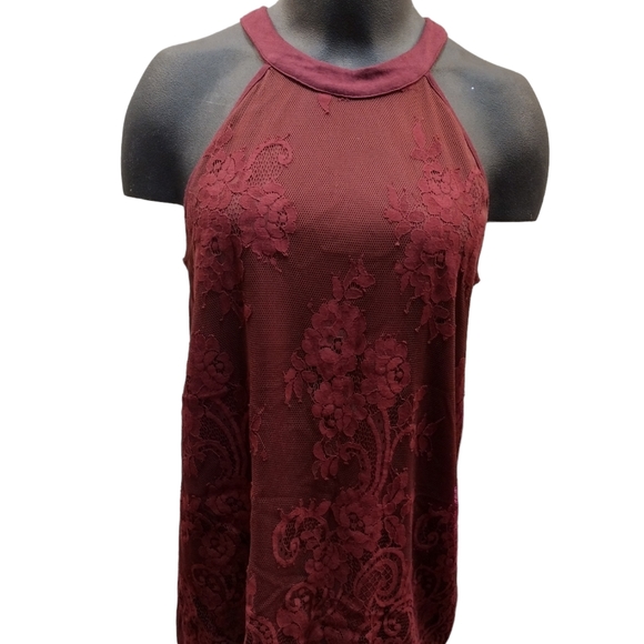 Vanity Maroon Lace Halter Tank Top SZ Med Flowy Spring Summer Dressy - Picture 1 of 10